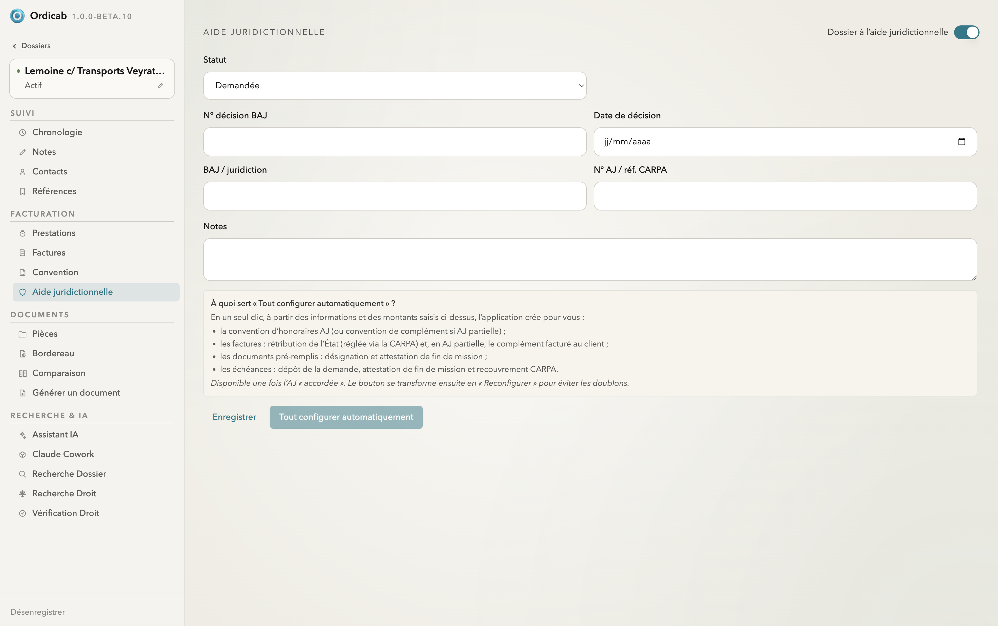 Aide juridictionnelle — suivi de la décision du BAJ et configuration automatique