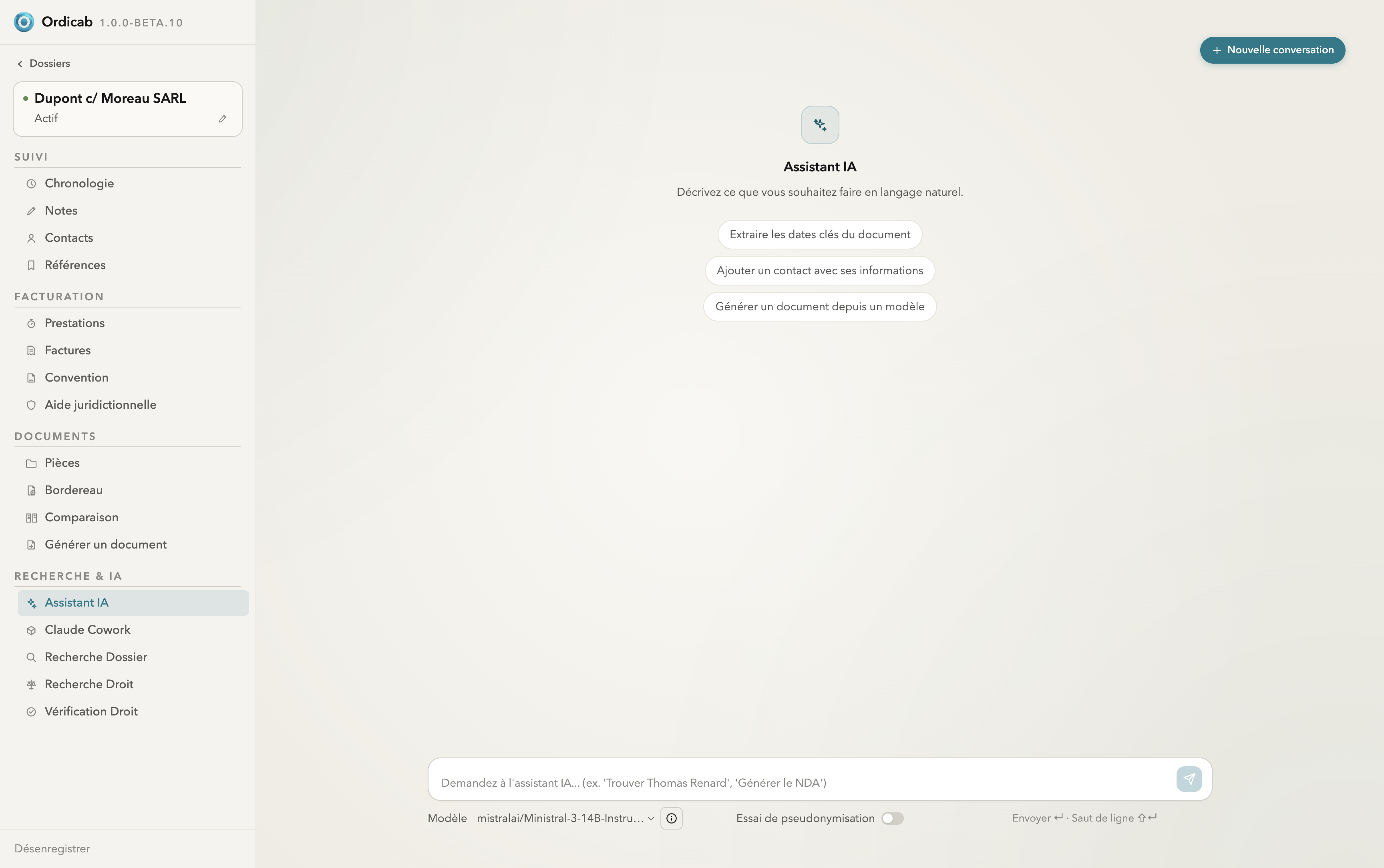 Assistant IA intégré au dossier — chat avec actions suggérées et choix du modèle