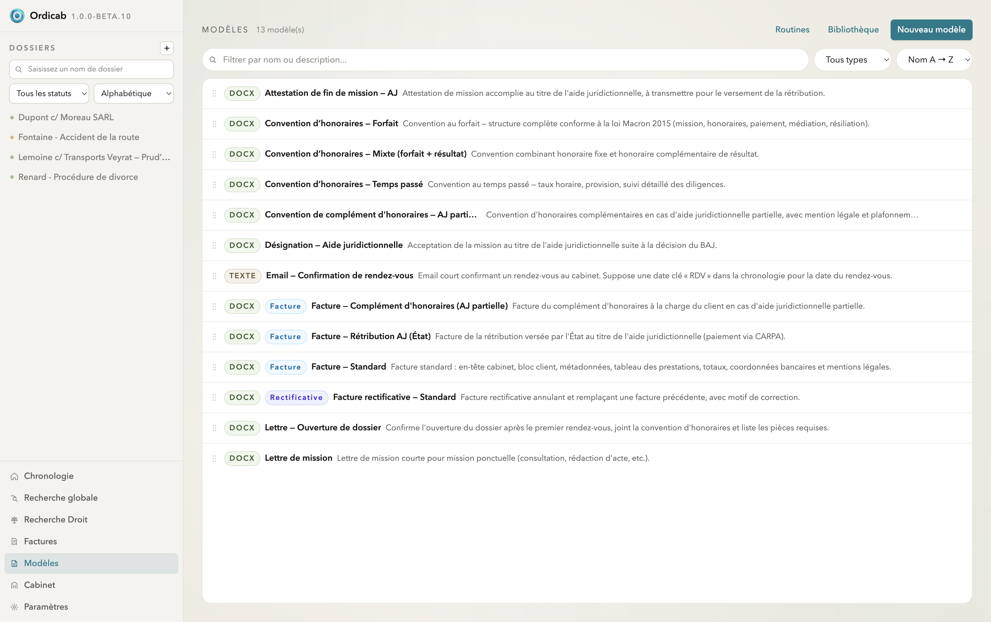Modèles — catalogue des gabarits du cabinet, classés par type