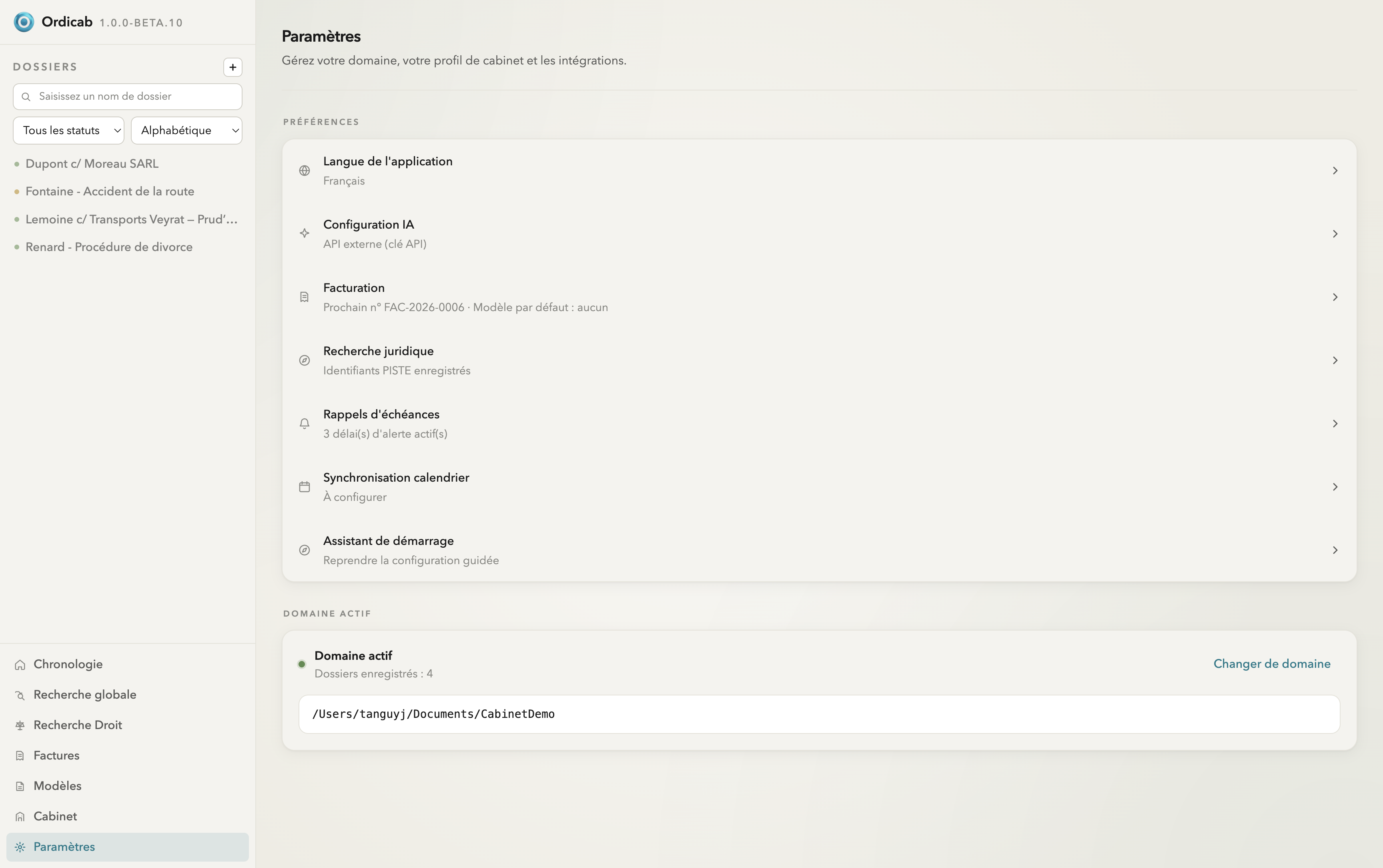 Paramètres — préférences, configuration IA, facturation, recherche juridique, rappels et domaine actif